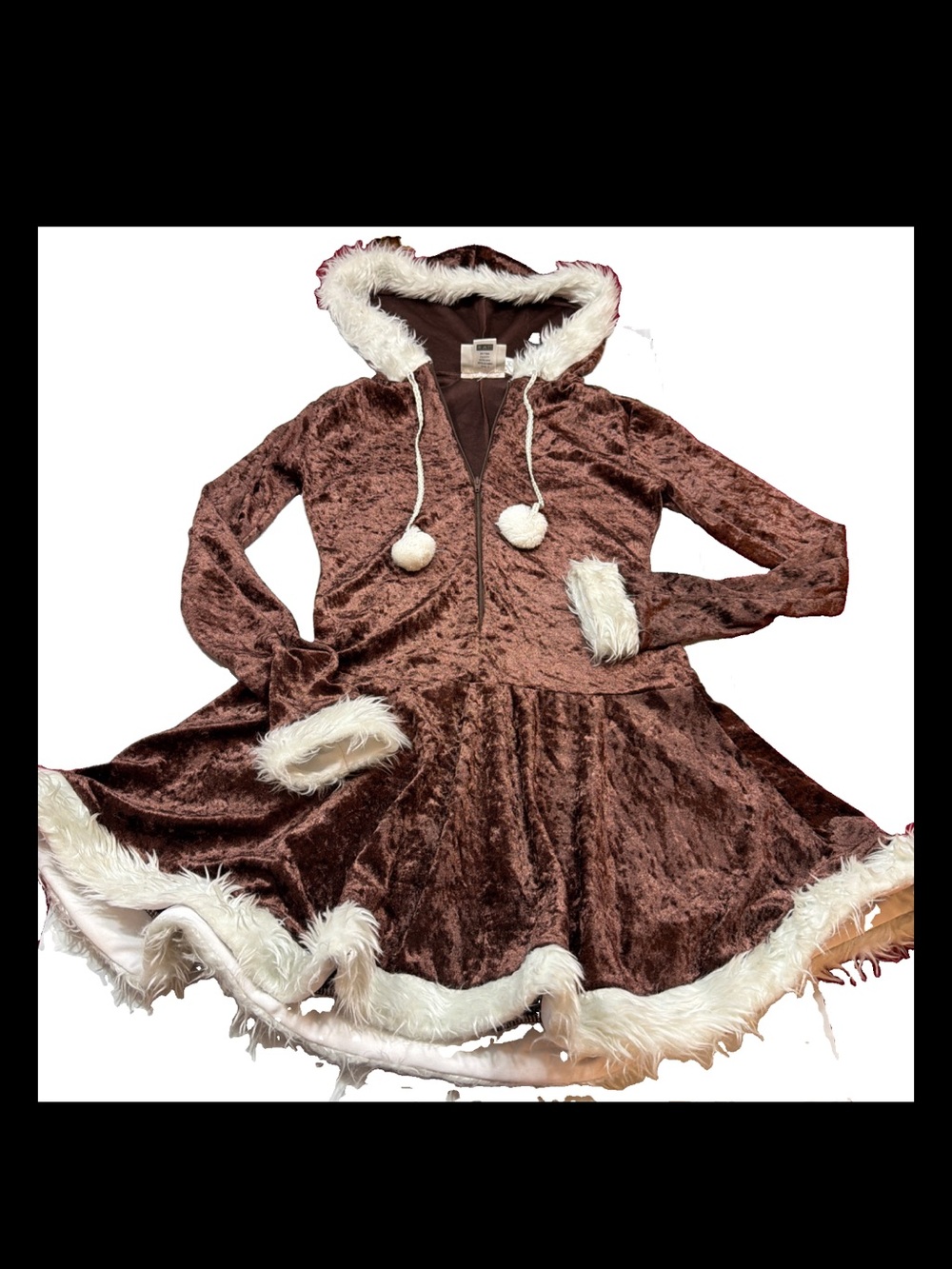 ESKIMO CUTIE DRESS Brown white Fur Hood Trim Costume Zip Front Flared Skirt Sexy